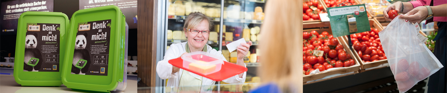 Verpackungsvermeidung im Supermarkt: Mehrweg-Box, Mehrweg-Beutel, Tablett an der Frischetheke Verpackungsvermeidung im Supermarkt: Mehrweg-Box, Mehrweg-Beutel, Tablett an der Frischetheke